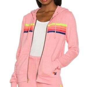 Aviator Nation 5 Stripe Zip Hoodie in Petal & Neon Rainbow XS